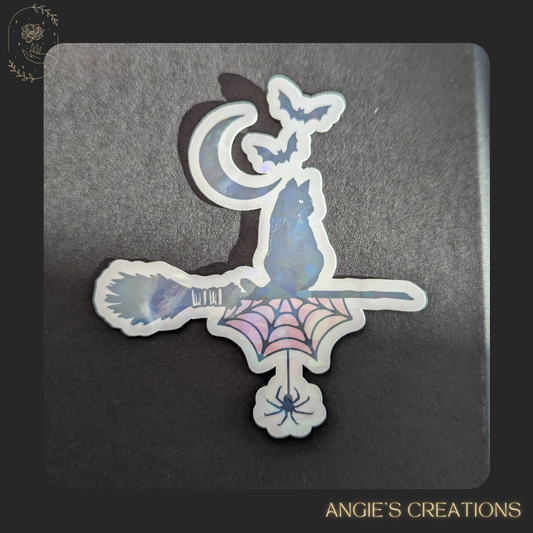 Halloween Cat on Witchy Broomstick Vinyl Sticker