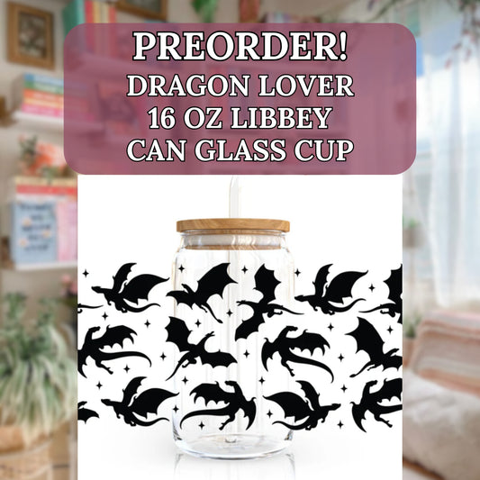 Angie's Creations preorder Dragon Lover 16oz Libbey glass can with bamboo lid and glass straw, featuring a full wrap pattern of black dragon silhouettes in various flying poses with star sparkle accents on a white background. Fourth Wing and Empyrean series inspired gift designed in Ottawa Canada.