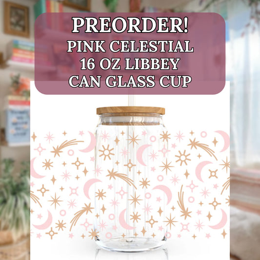 Angie's Creations preorder Pink Celestial 16oz Libbey glass can with bamboo lid and glass straw, featuring a full wrap pattern of pink crescent moons, gold shooting stars, sparkle stars, suns, and celestial accents on a white background. Celestial romantasy gift designed in Ottawa Canada.