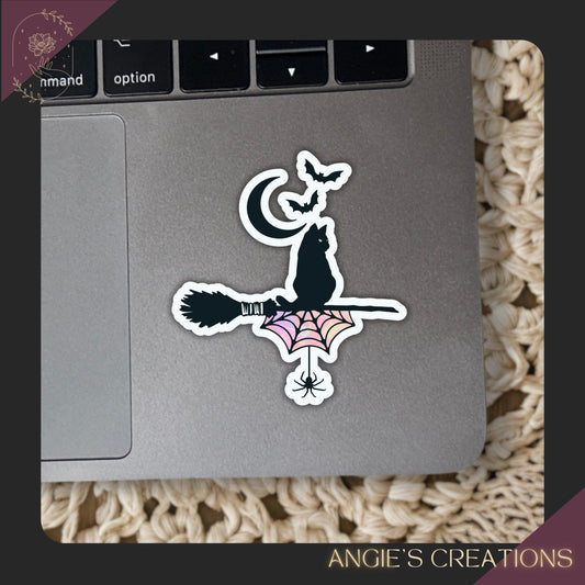 Witchy Flying Cat Vinyl Sticker