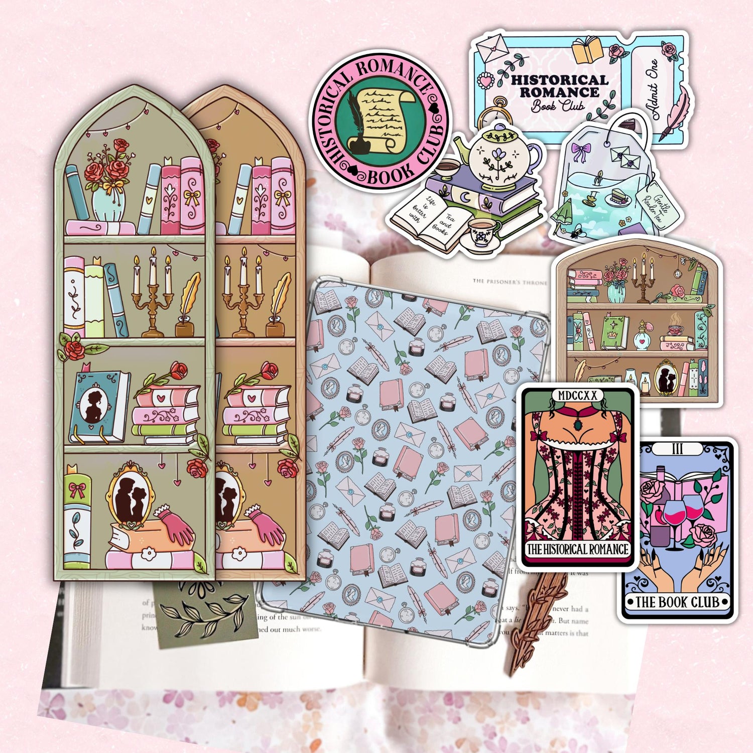 A collection of illustrated book club themed stickers and decorative pieces arranged over an open book on a pale pink background. Designs include a tall arched shelf with books and candles, a patterned book cover, tarot-style cards, a teapot and books, and labels reading Historical Romance Book Club and The Book Club.