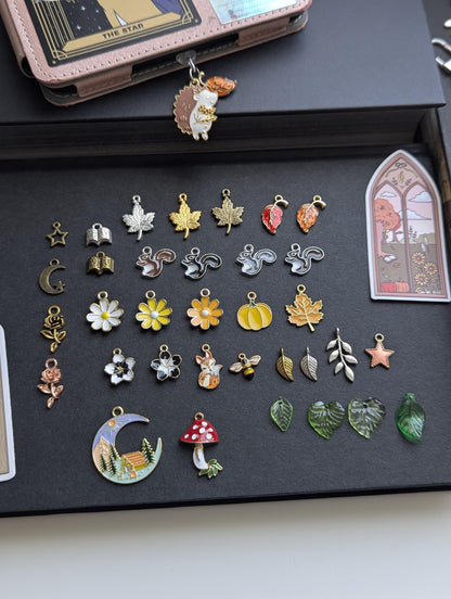 May include: A collection of assorted metal and enamel charms featuring various shapes including squirrels, leaves, flowers, a pumpkin, a bee, a mushroom, a crescent moon with a landscape, stars, and books, arranged on a dark surface.