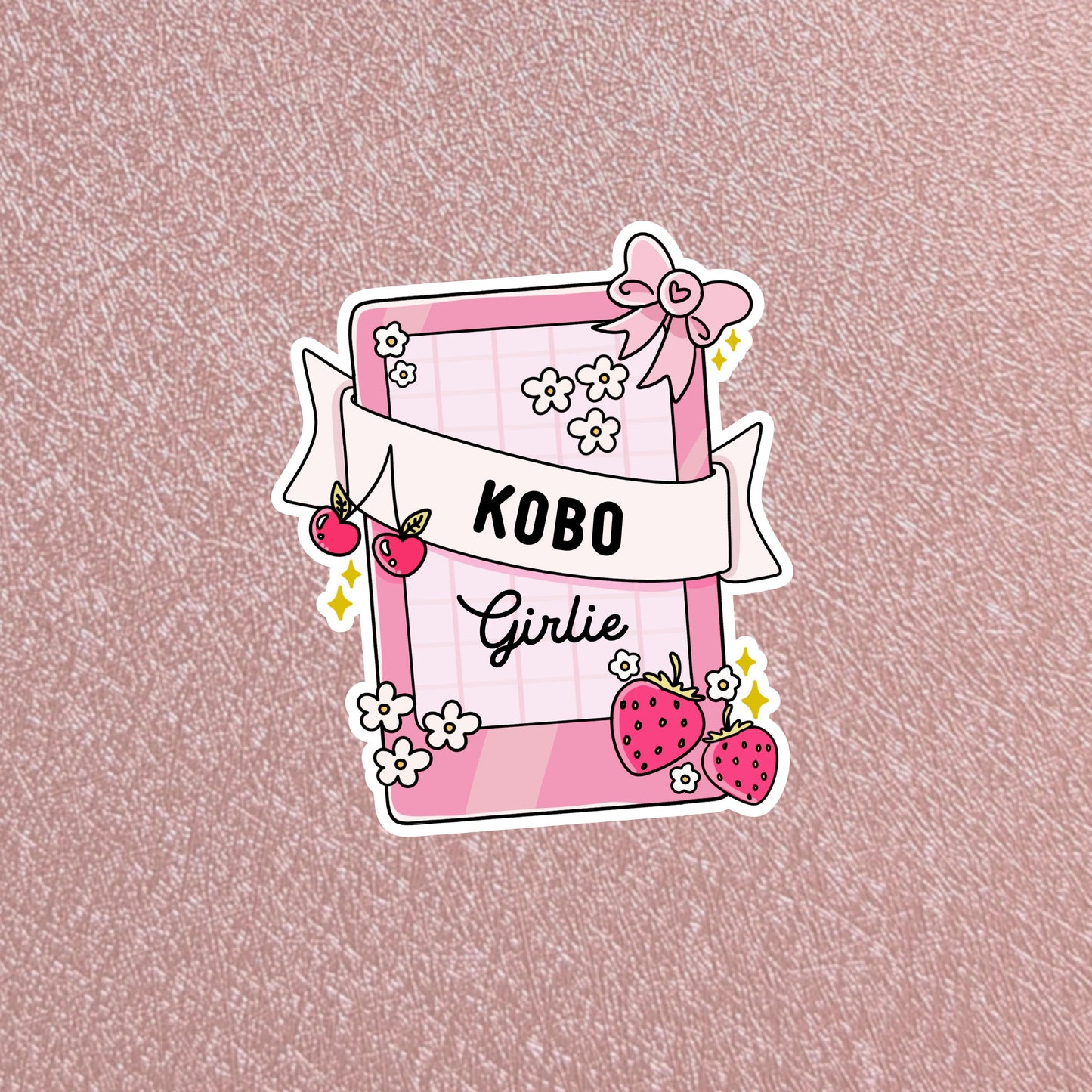 Summer Strawberry Kobo Girlie Sticker, 2.5" Waterproof Dishwasher Safe Smooth Matte Decals, Cute Book Lover Reader Gift, Hand Drawn