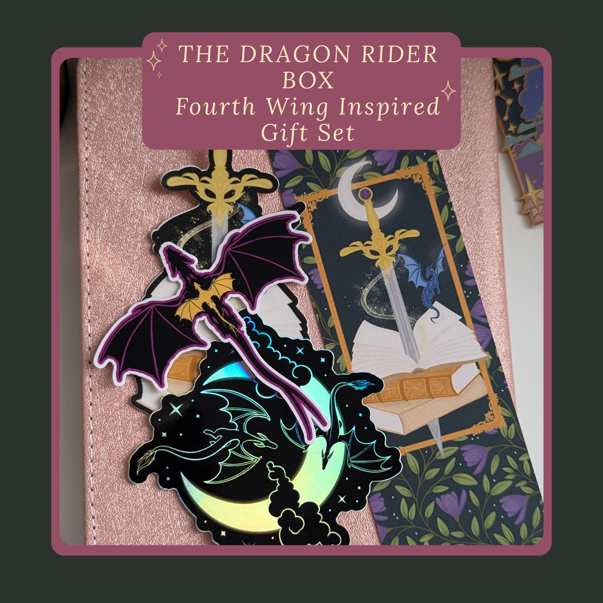 The Dragon Rider Gift Box | Fourth Wing Inspired Charm Keychain Set | Mythical Dragon Soft Touch Bookmark and Stickers