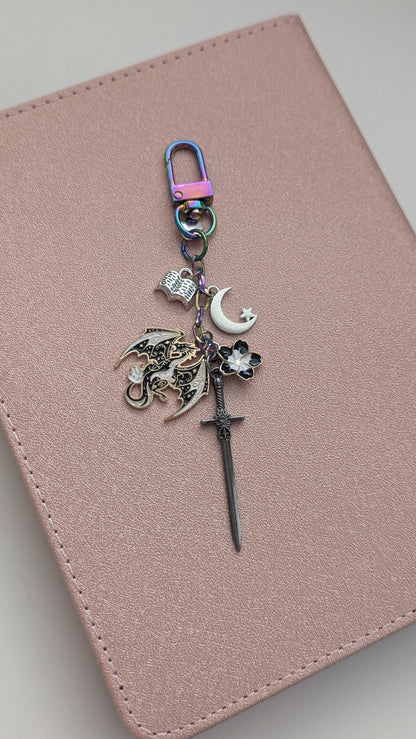 Fourth Wing Inspired Dragon Moon Sword Charm Keychain Bundle | Dust Plug & eReader Mystery Mini Sticker Pack and Attachment Included