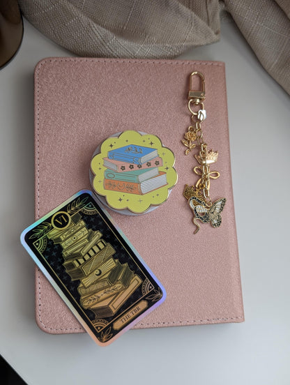 Book Stack Enamel Kindle Grip | MagSafe (Metal Ring Included) 5.5 cm in Diameter Pastel Bookish Phone Grip | Reader Gift Ereader Accessory