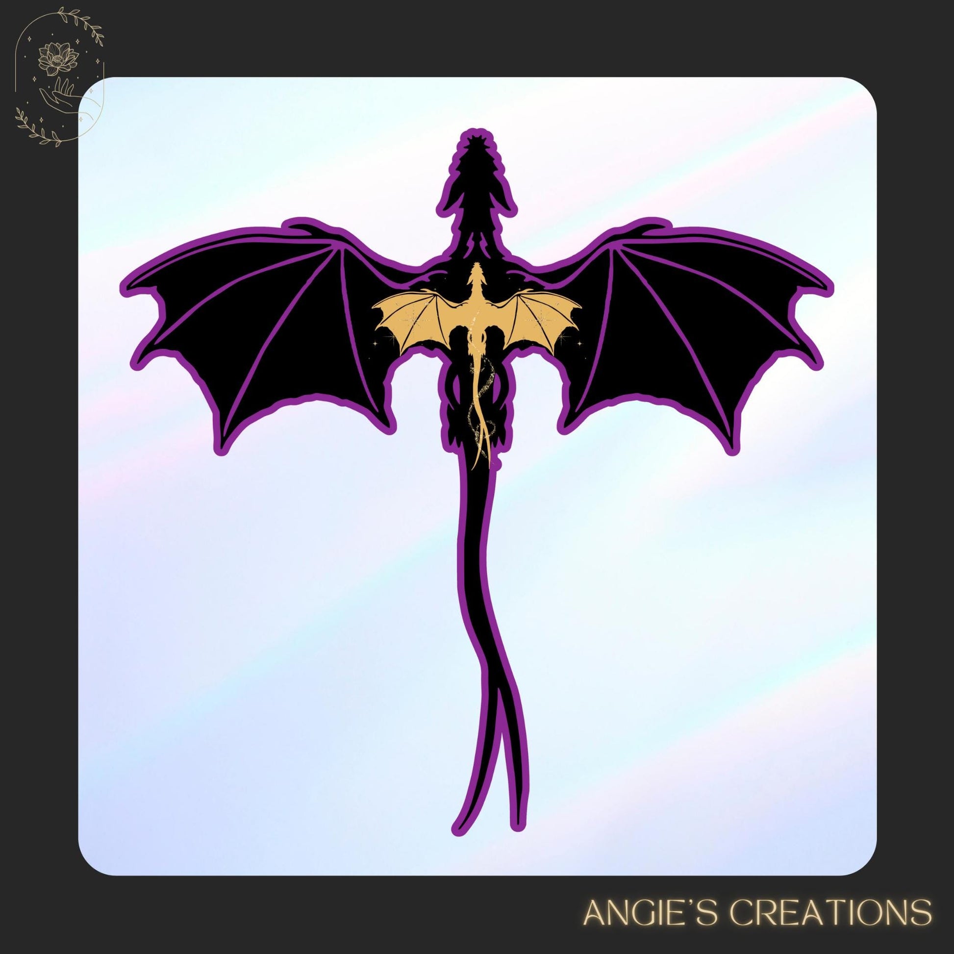 A stylized illustration of a dragon with black wings and a yellow body, set against a purple and white gradient background.