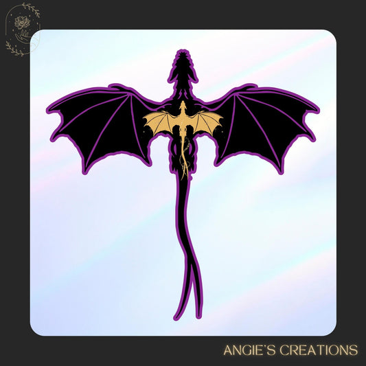 A stylized illustration of a dragon with black wings and a yellow body, set against a purple and white gradient background.
