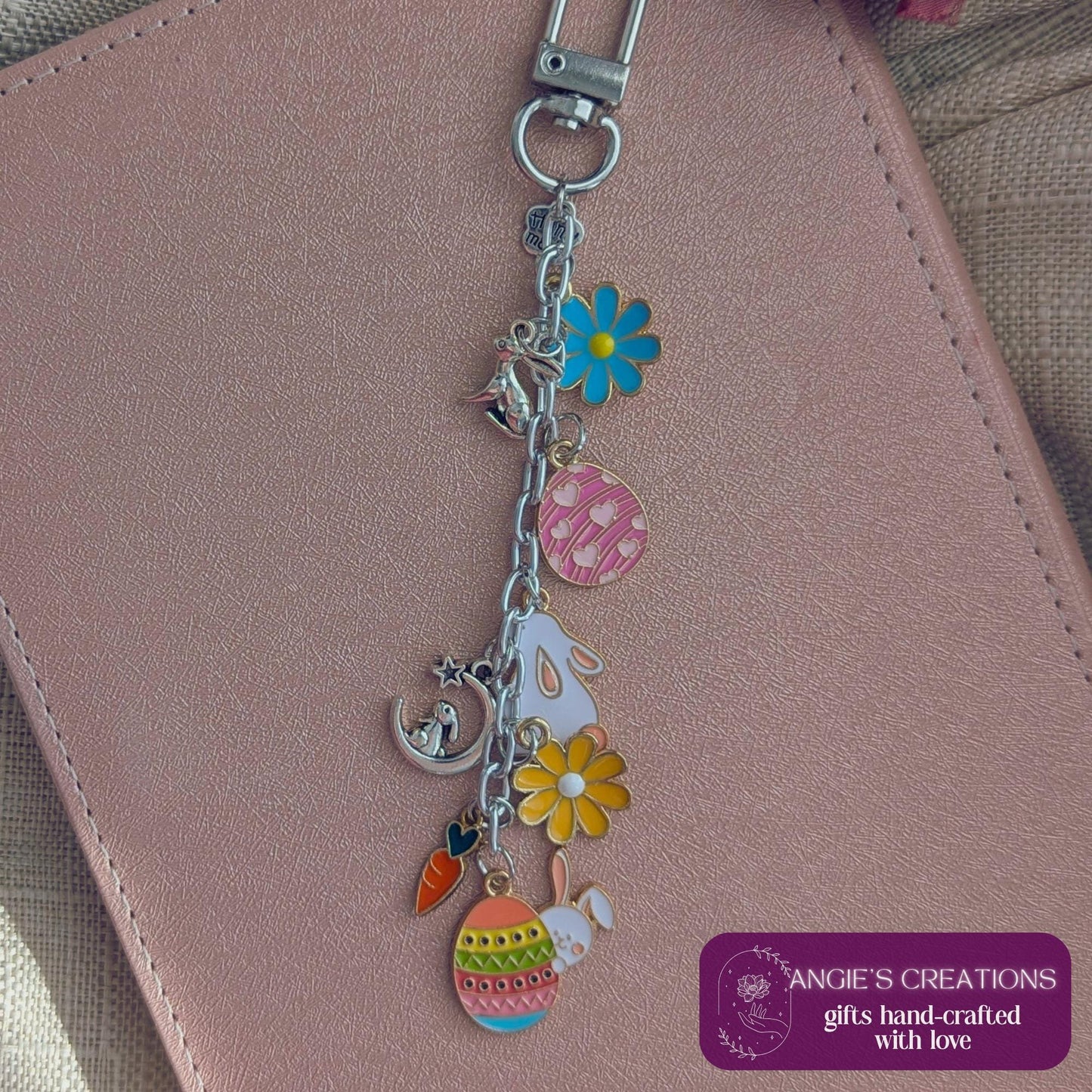 Spring Easter Bunny Keychain | Bright Colourful Egg and Floral eReader or Kindle Charm Chain Bookstagram Gift