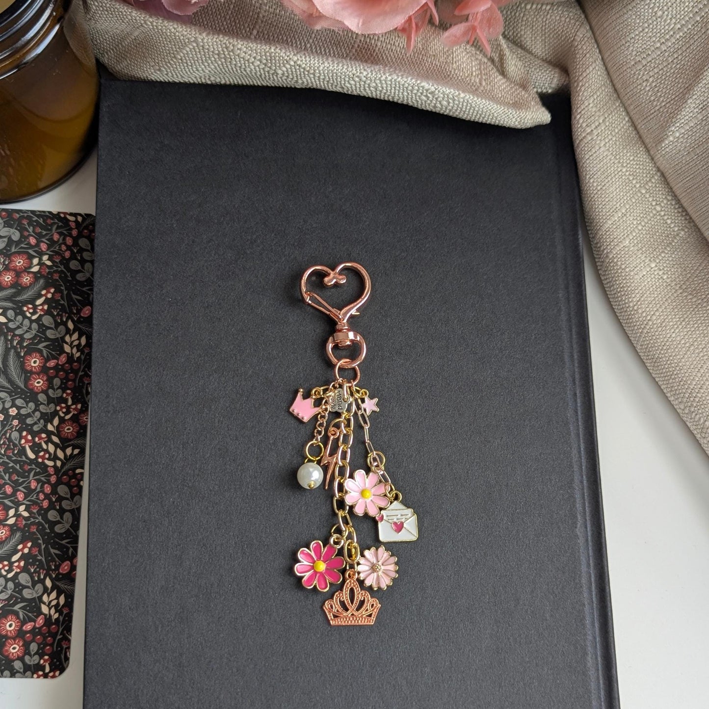 Pink Floral Bag Charm, Heart Clasp Zinc Alloy Keychain Small Gift