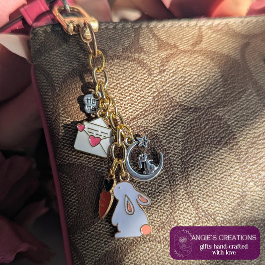 Bookish Hare Charm Keychain | Floral Spring Inspired, Celestial Easter Bunny, Rabbit Egg Bag Chain | Kindle, eReader, Bookstagram Gift