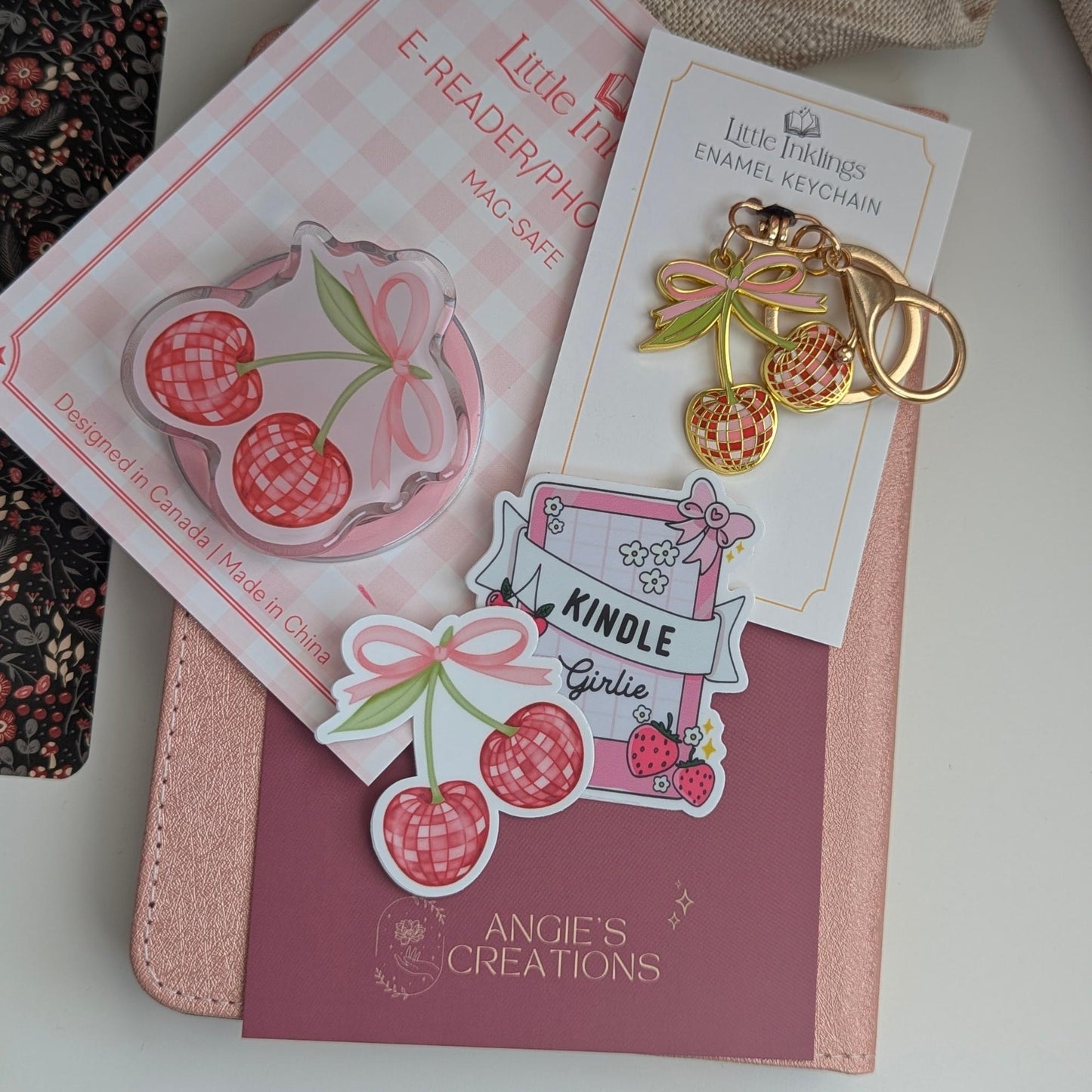 NEW: Disco Cherry Kindle Bundle | Cherry Charm Keychain Enamel Sticker Set | Kindle Kobo E-Reader Gift | Cute Charm Gift Box