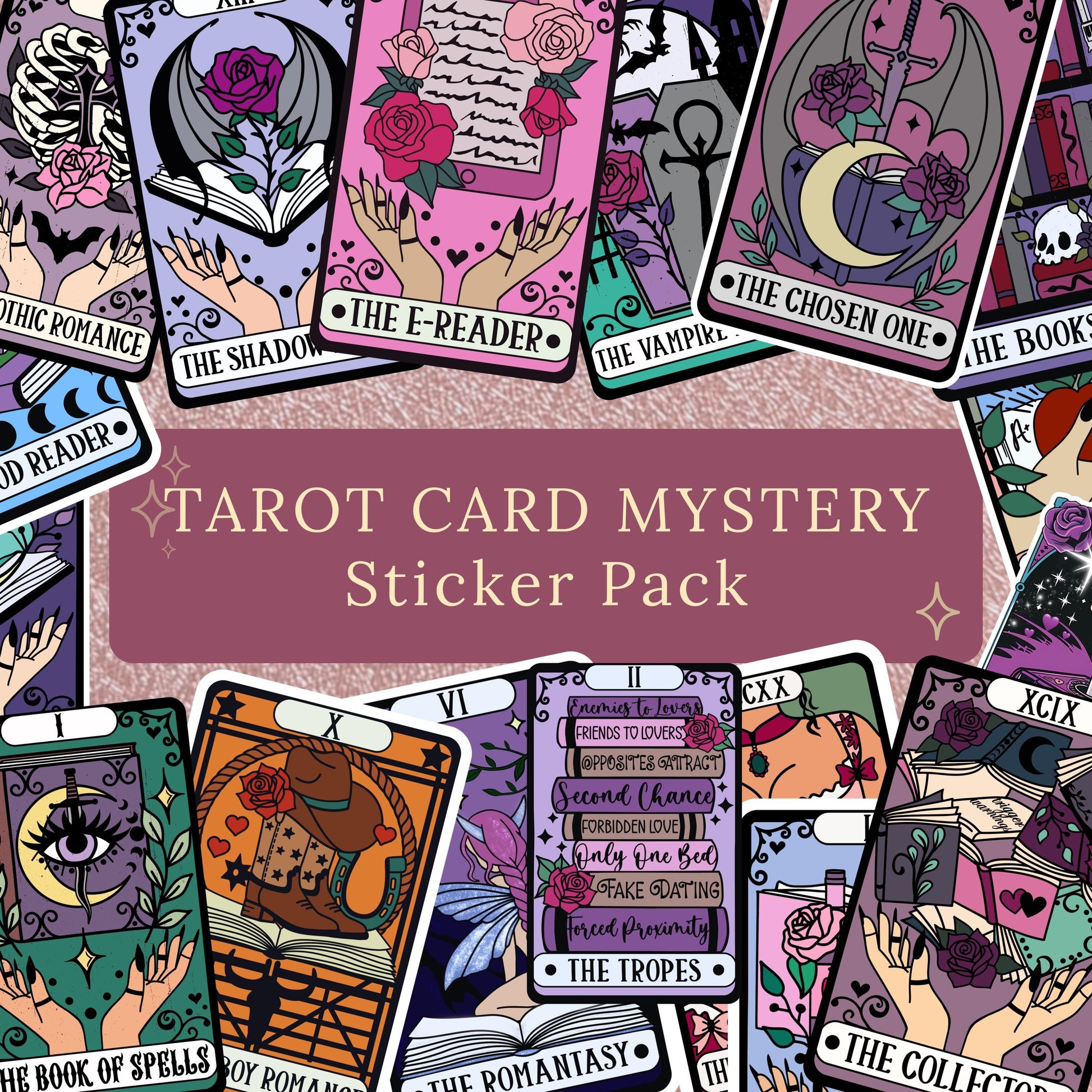Collage of tarot-card-style stickers in gothic and romantasy themes, including cards labeled The Shadow, The E-Reader, The Vampire, The Chosen One, The Books, Good Reader, The Book of Spells, Cowboy Romance, The Romantasy, The Tropes, and The Collector, featuring roses, bats, moons, hands, and a cowboy boot design in a mixed purple, pink, and orange color palette.