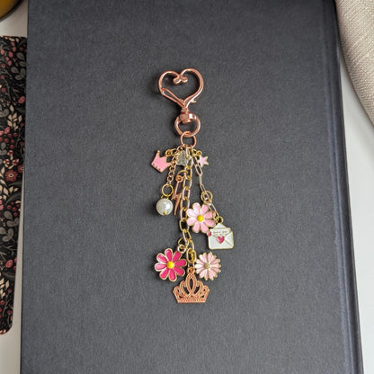 Pink Floral Bag Charm, Heart Clasp Zinc Alloy Keychain Small Gift