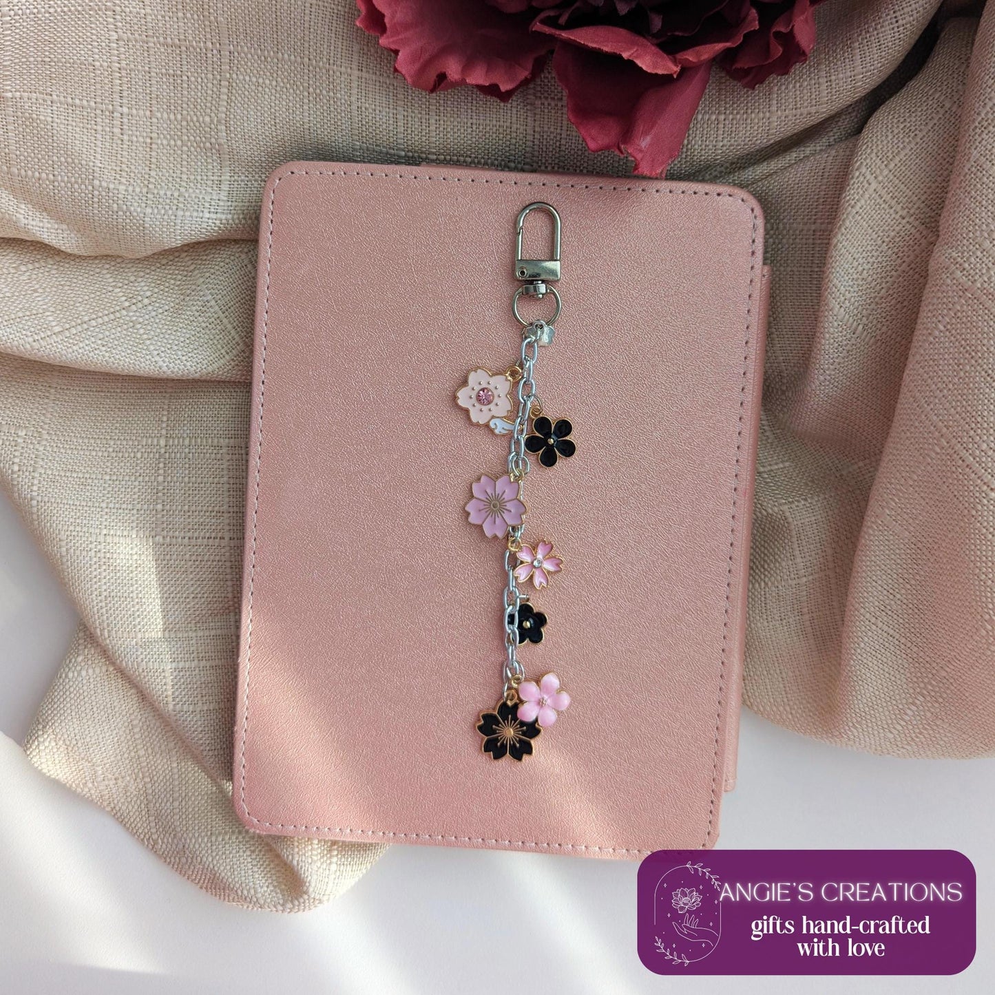 Floral Spring Charm Keychain | Bright Pink and Black Flowers eReader or Kindle Charm Chain Bookstagram Gift