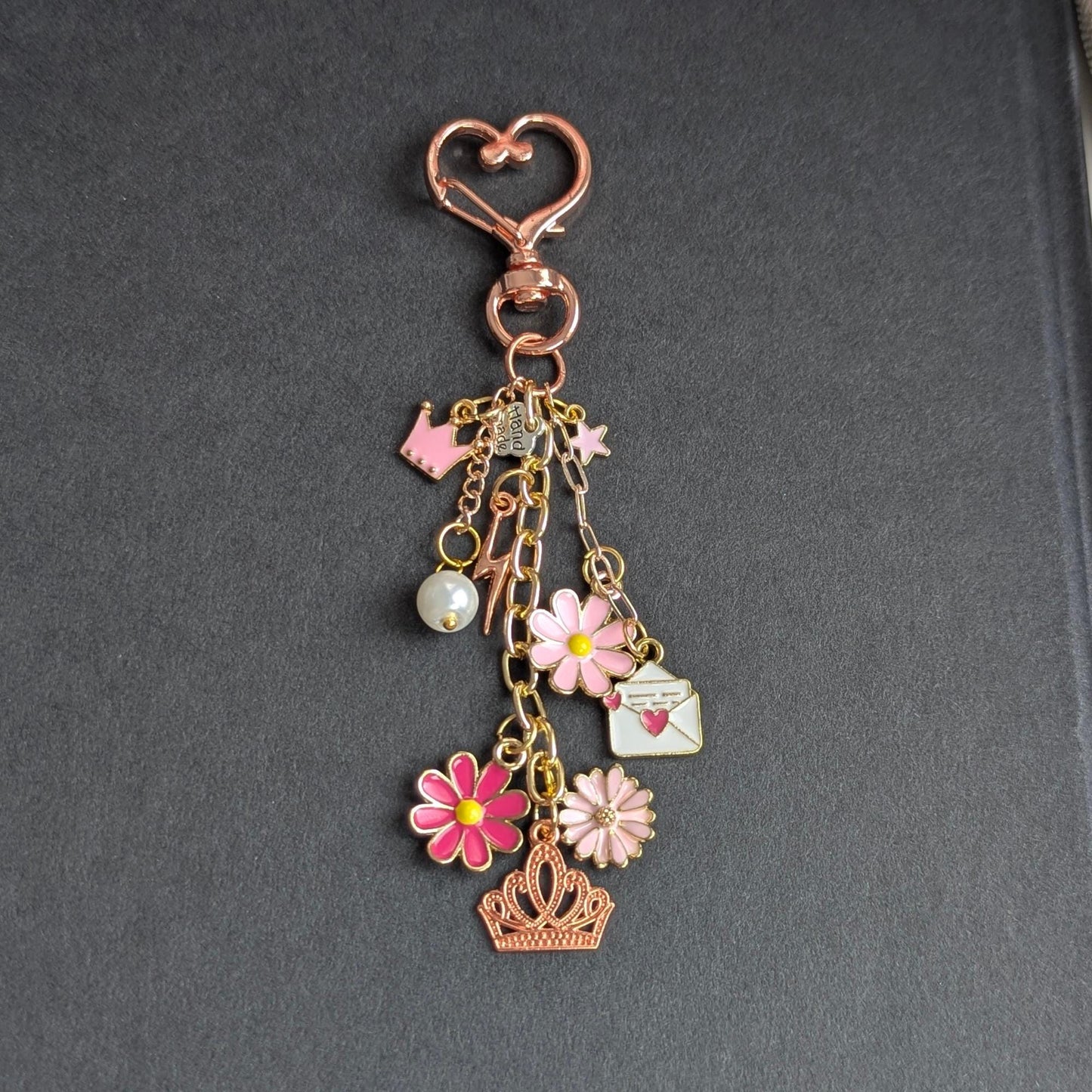 Pink Floral Bag Charm, Heart Clasp Zinc Alloy Keychain Small Gift