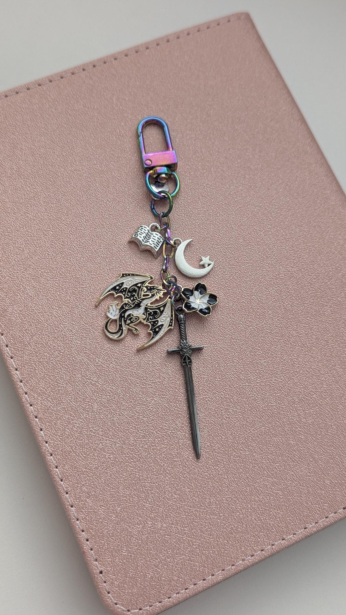 Fourth Wing Inspired Dragon Moon Sword Charm Keychain Bundle | Dust Plug & eReader Mystery Mini Sticker Pack and Attachment Included