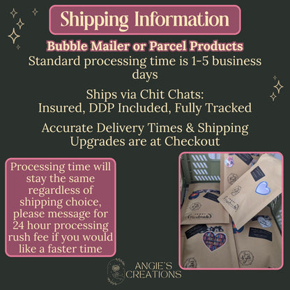 Shipping details for bubble mailer and parcel keychain orders: 1 to 5 business day processing, shipped fully tracked and insured via Chit Chats with DDP included, rush processing available for a fee. Angie's Creations handmade kraft packaging with bookish sticker seals.