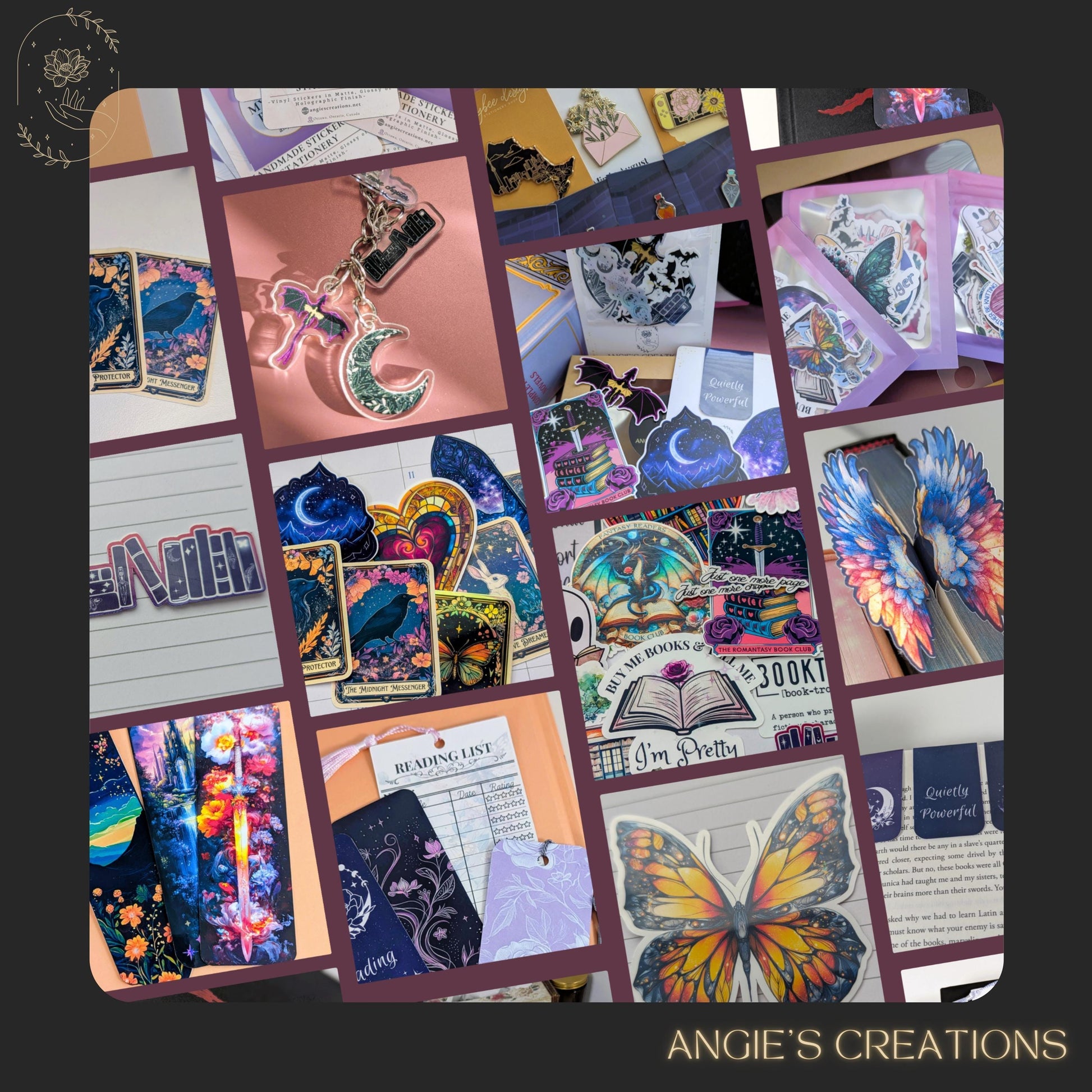 The image is a collage of various colorful and artistic items, including books, cards, and other decorative objects.