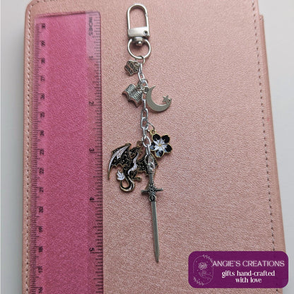 Fourth Wing Inspired Dragon Moon Sword Charm Keychain Bundle | Dust Plug & eReader Mystery Mini Sticker Pack and Attachment Included