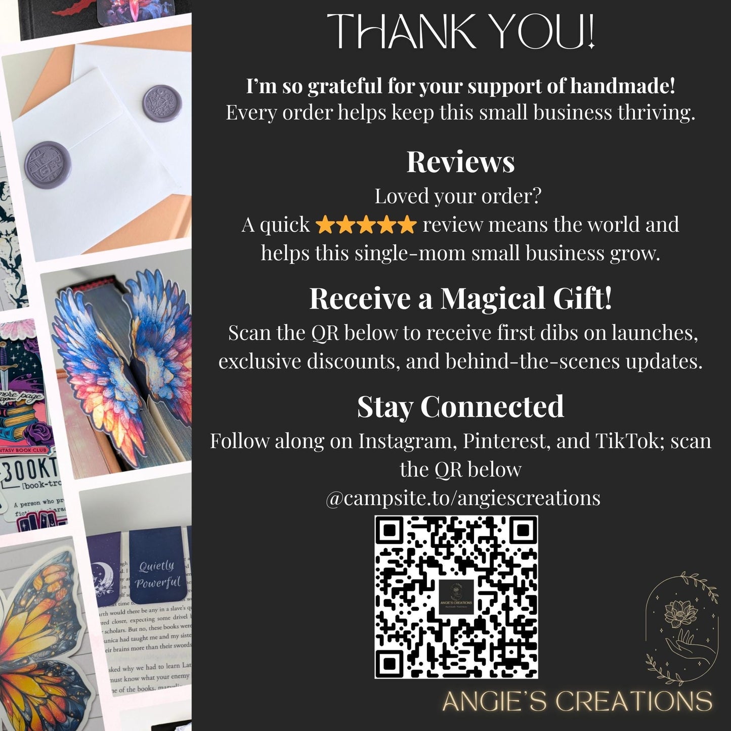 Handmade thank-you insert card with scratch-off discount code, care tips, surprise sticker freebies, review request and QR link to shop. Bookish romantasy stationery by Angie’s Creations, Ottawa-based small business.