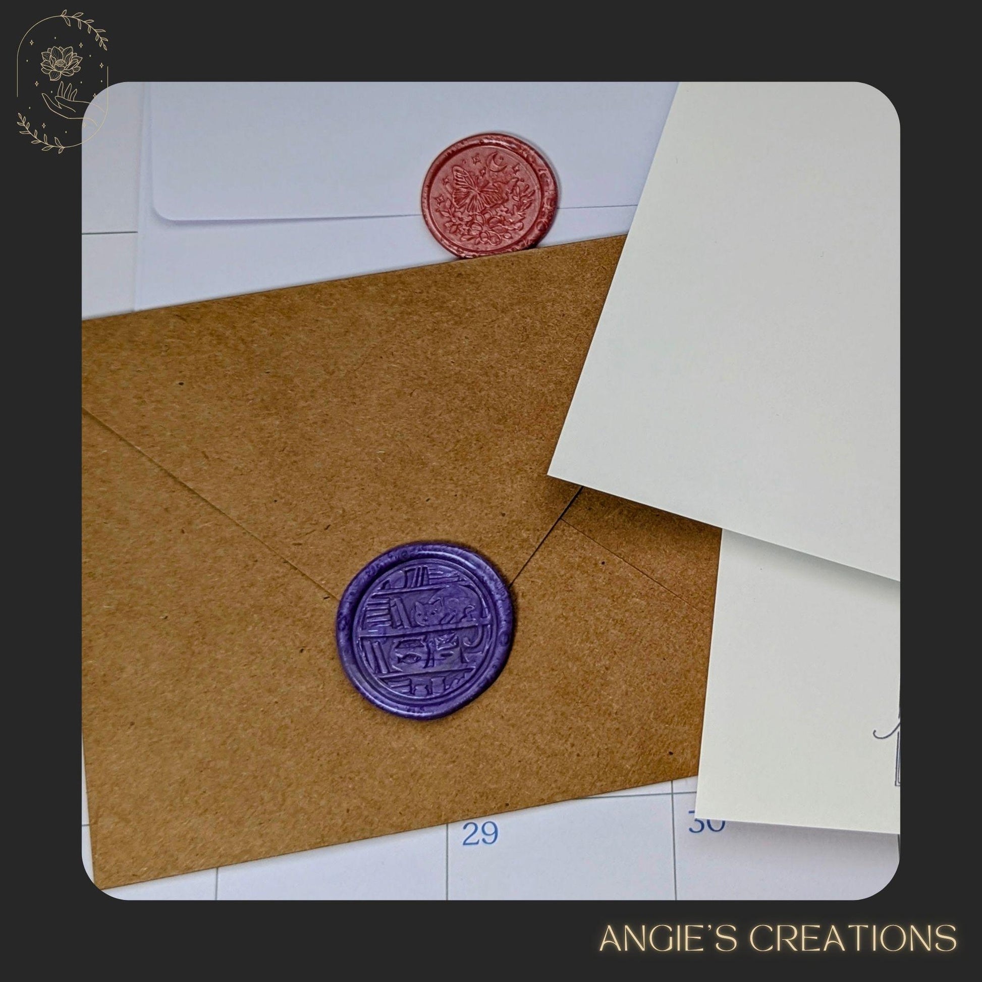 Kraft and white envelopes sealed with purple and rose wax seal stickers, celestial butterfly motif, perfect for weddings, book swaps, and happy mail