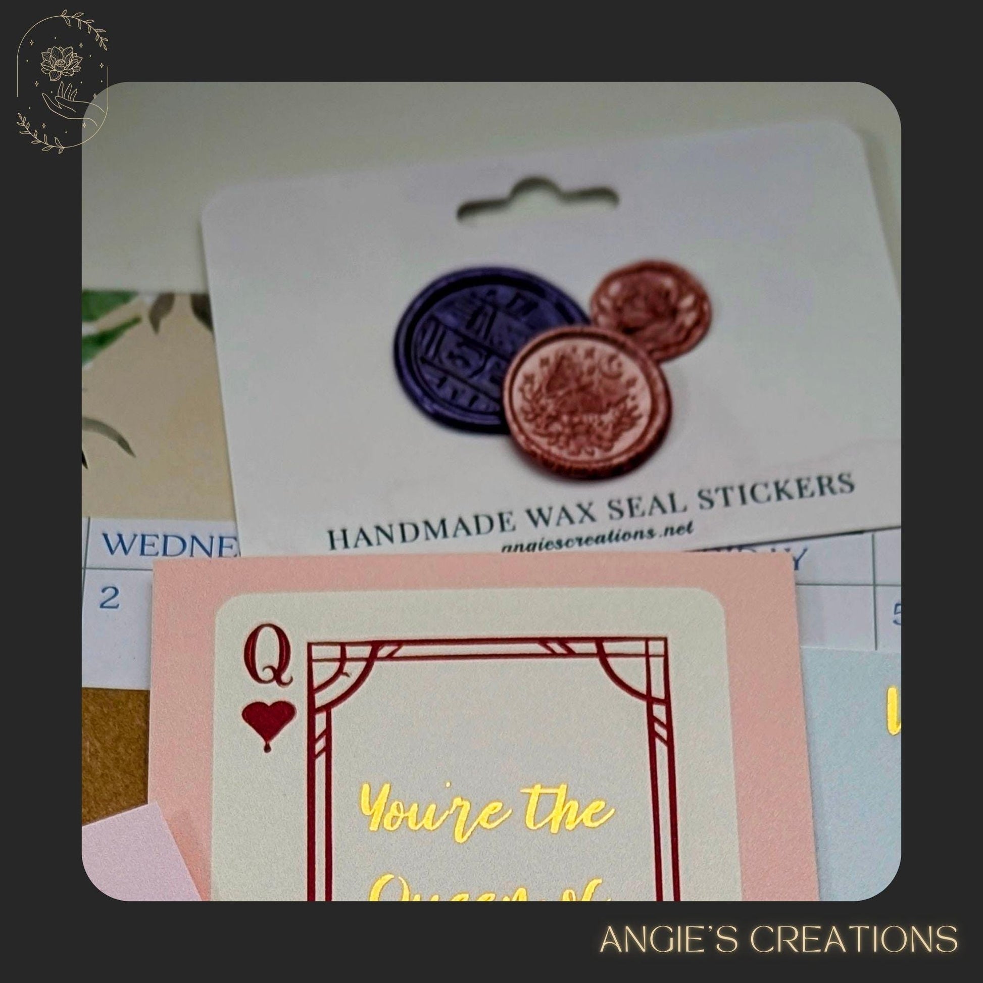 Product backing card showing assorted handmade wax seal stickers in purple and rose, envelope seal set for stationery, pen-pal letters, and gifts