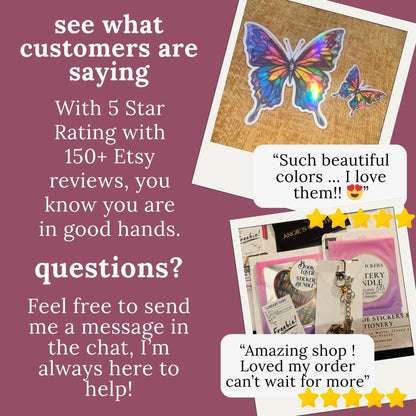 The image is a promotional poster for Angie's Creations, a Canadian small business. It features various images of their products, such as a butterfly, a butterfly-shaped vase, and a butterfly-themed card. The poster highlights the business's woman-owned status, Canadian small business status, and the 5-star rating with 150+ reviews.