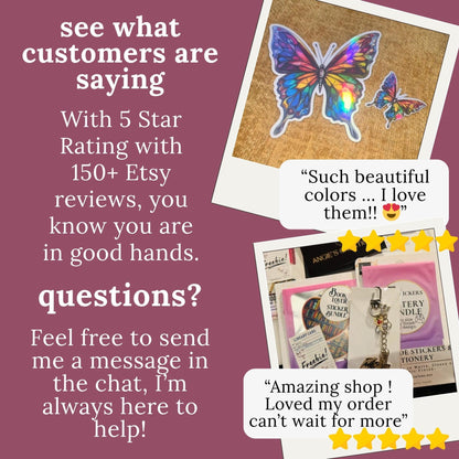 Five star Etsy customer review graphic for Angie's Creations featuring holographic waterproof dishwasher safe butterfly sticker and packaged bookish order photos, with verified reviews praising beautiful colors and amazing quality, romantasy and book lover gifts designed in Canada with 150 plus five star Etsy reviews