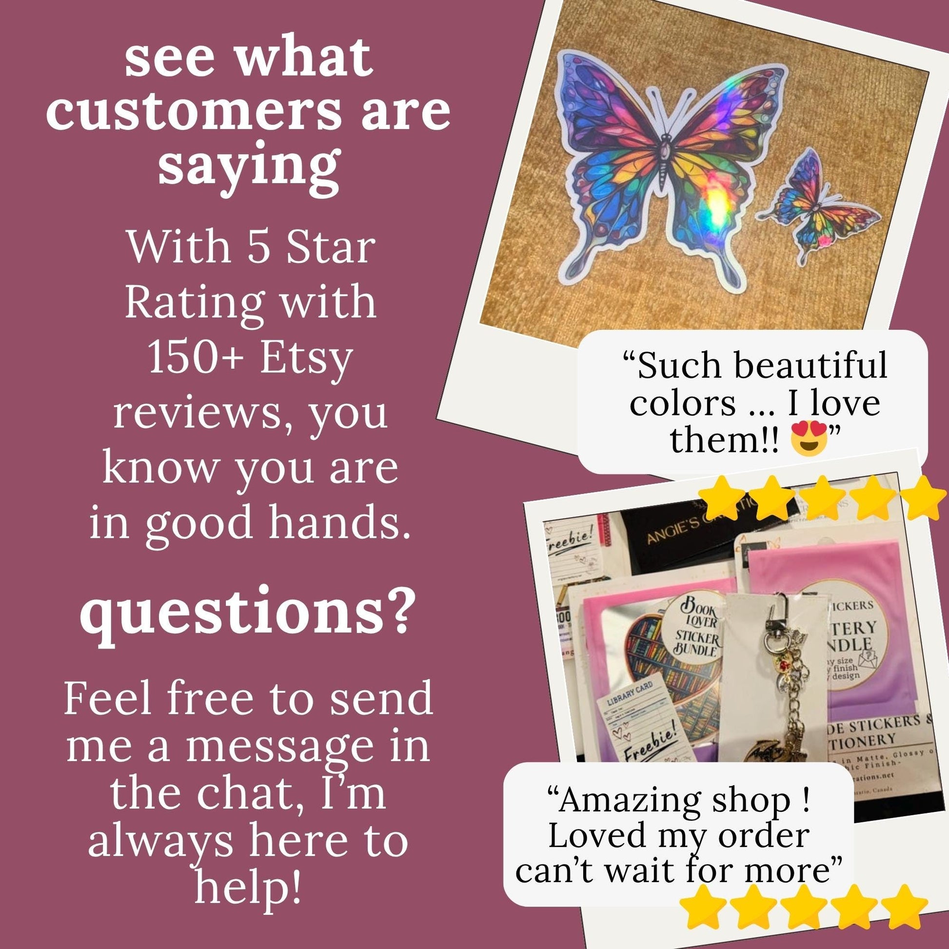 Five star Etsy customer review graphic for Angie's Creations featuring holographic waterproof dishwasher safe butterfly sticker and packaged bookish order photos, with verified reviews praising beautiful colors and amazing quality, romantasy and book lover gifts designed in Canada with 150 plus five star Etsy reviews