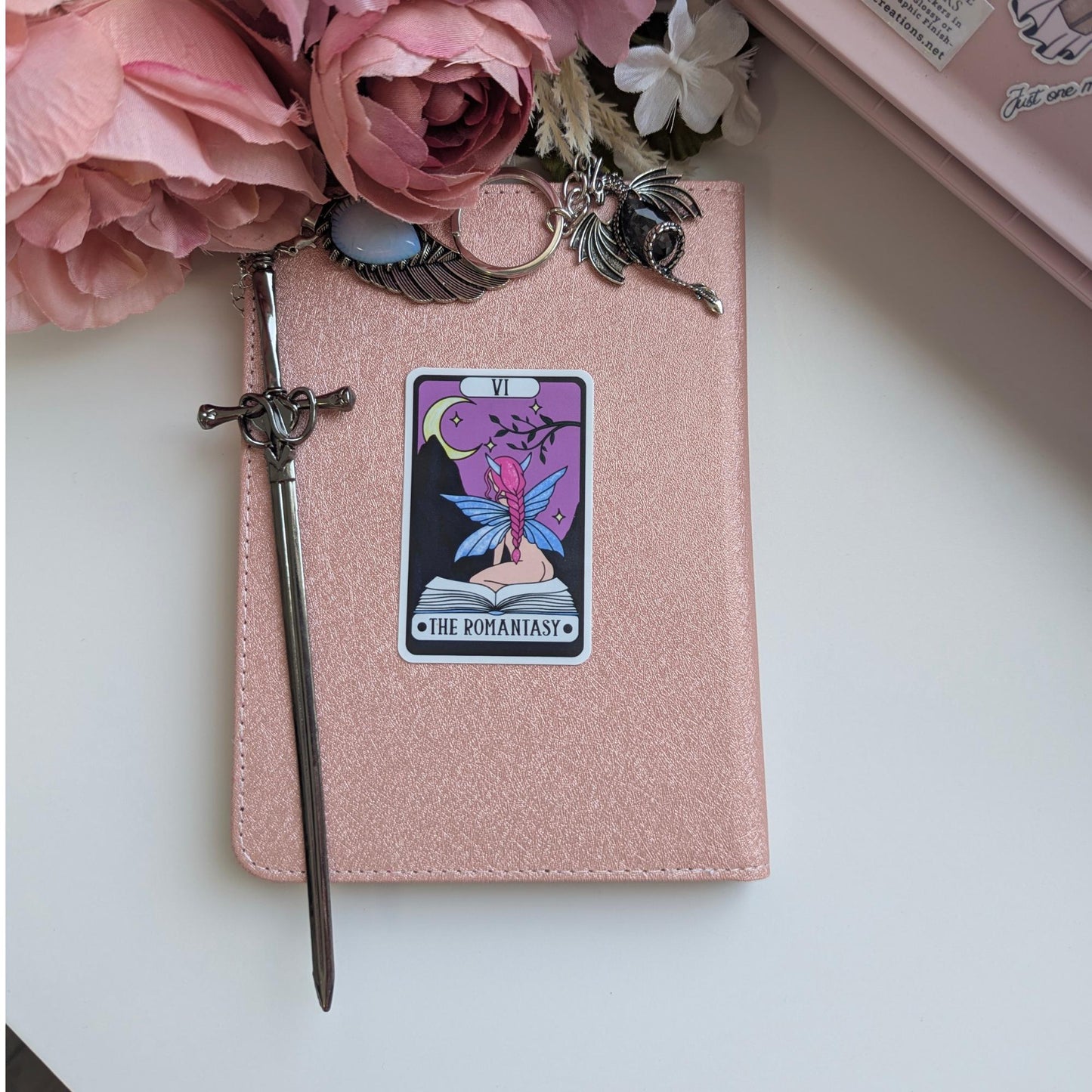 The Romantasy Tarot Card Sticker, 3" Waterproof Dishwasher Safe Smooth Matte Decals, Book Lover Reader Gift, Hand Drawn Girlie Artwork