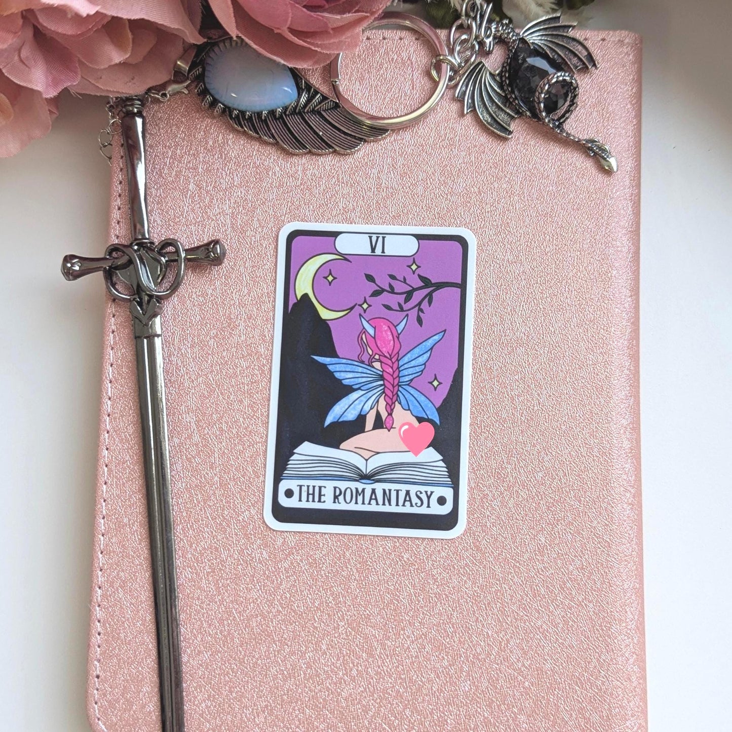 The Romantasy Tarot Card Sticker, 3" Waterproof Dishwasher Safe Smooth Matte Decals, Book Lover Reader Gift, Hand Drawn Girlie Artwork