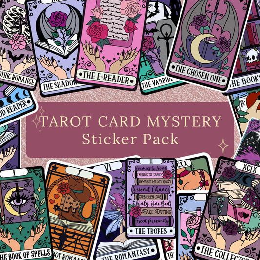 Collage of tarot-card-style stickers in gothic and romantasy themes, including cards labeled The Shadow, The E-Reader, The Vampire, The Chosen One, The Books, Good Reader, The Book of Spells, Cowboy Romance, The Romantasy, The Tropes, and The Collector, featuring roses, bats, moons, hands, and a cowboy boot design in a mixed purple, pink, and orange color palette.