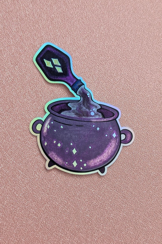 Witchy Cauldron Sticker, 3" Waterproof Dishwasher Safe Holographic Silver Decals, Dark Academia Potion Bottle, Hand Drawn Artwork Gift