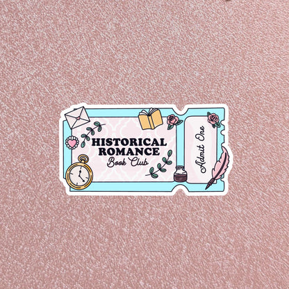 Historical Romance Book Club Ticket Sticker, 3" Waterproof Dishwasher Safe
