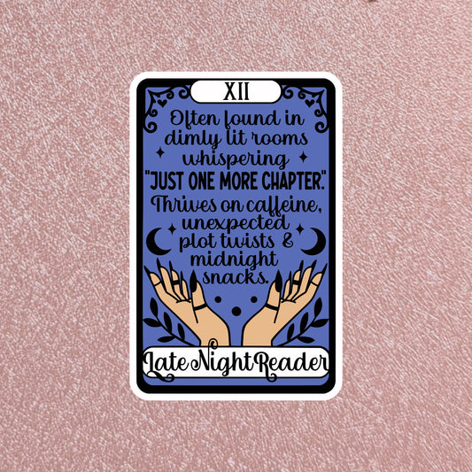 Late Night Reader Tarot Card Sticker, 3" Waterproof Dishwasher Safe Smooth Matte Decals, Romantasy Book Lover Reader Gift, Hand Drawn
