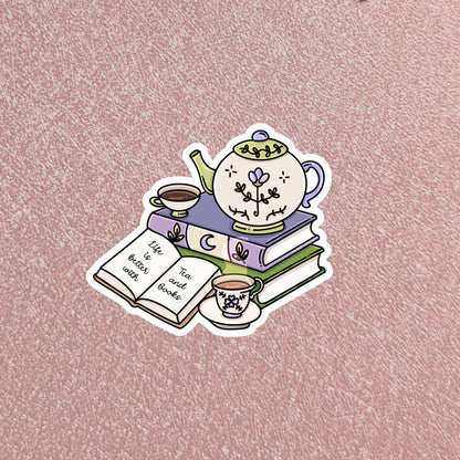 Life is Better with Tea & Books Sticker, 3" Waterproof Dishwasher Safe