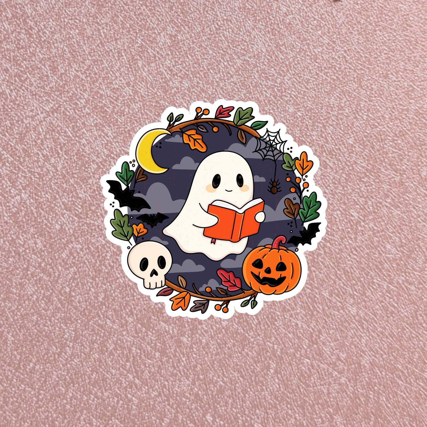 Ghost Reading Wreath Sticker, Hearth & Hallow Collection, 3" Waterproof Dishwasher Safe