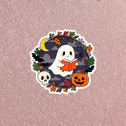 Ghost Reading Wreath Sticker, Hearth & Hallow Collection, 3" Waterproof Dishwasher Safe