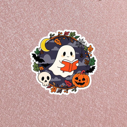 Ghost Reading Wreath Sticker, Hearth & Hallow Collection, 3" Waterproof Dishwasher Safe