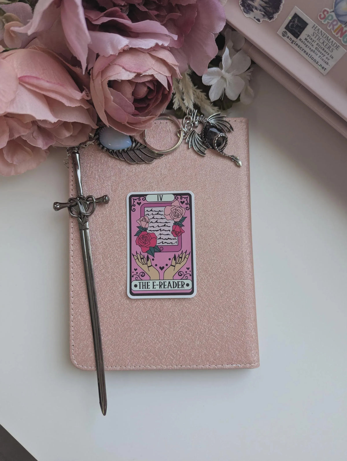 Floral Pink E Reader Tarot Card Waterproof Sticker