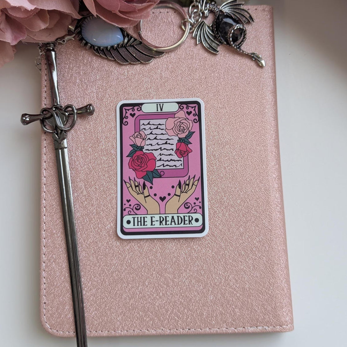 Floral Pink E Reader Tarot Card Waterproof Sticker