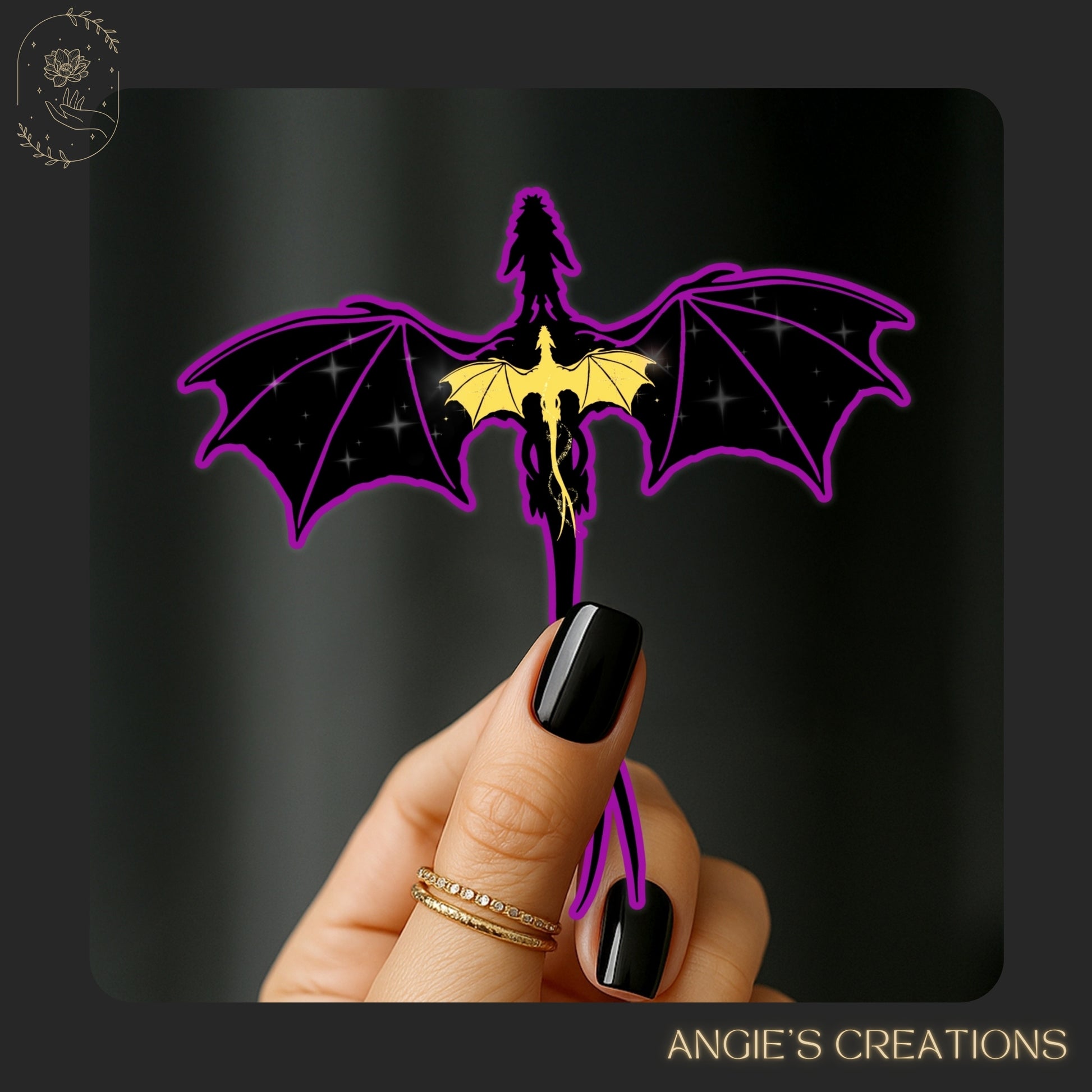 A powerful duo in one design — this handmade vinyl sticker captures Violet Sorrengail’s legendary dual bond with Tairn and Andarna from Fourth Wing. Featuring the formidable black dragon alongside the radiant golden feathertail, it’s a must-have for dragon fans and romantasy readers.