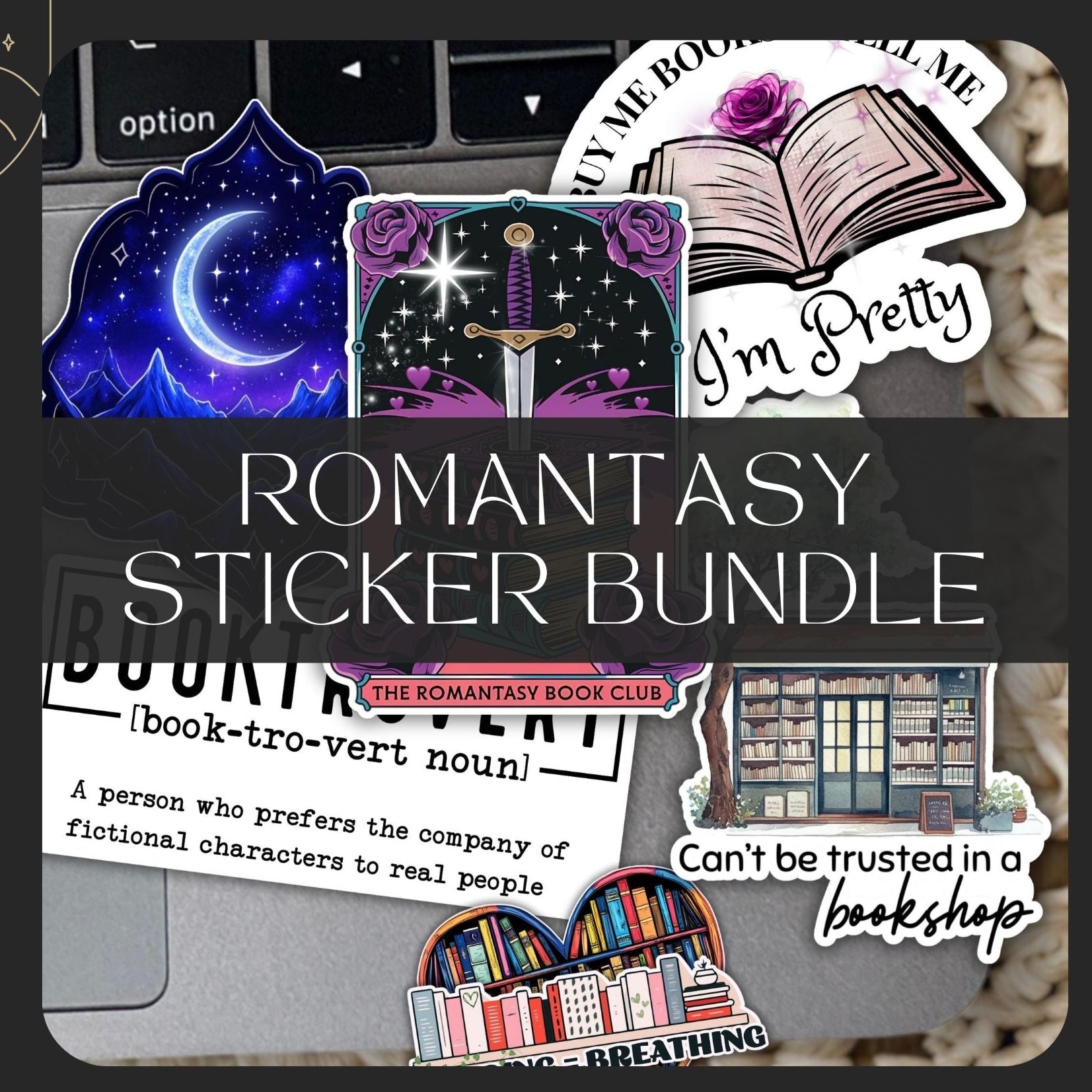 Romanticy Sticker Bundle packaging with various stickers on a dark background